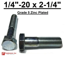 1/4-20 x 2-1/4" (PT) Hex Bolt Zinc Plated Grade 5 Cap Screw Coarse Thread