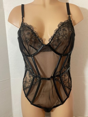XL VICTORIAS SECRET Midnight Affair Faux leather bodysuit Teddy Mesh black Gold - Picture 2 of 6