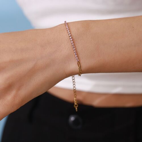Woman 18K Gold Plated Pink CZ Paper Clip Bracelet Bangle 8.7 in