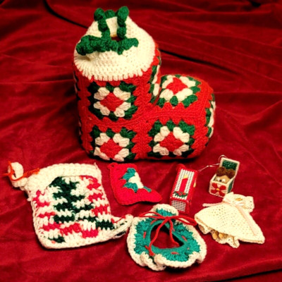 VTG Lot Handmade Crochet Christmas Stockings Ornaments Granny Square Green Red