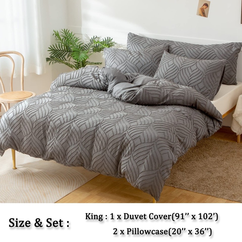Gray Leaf Shape Tufted Duvet Cover King(91''x 102'') Size LightWeight