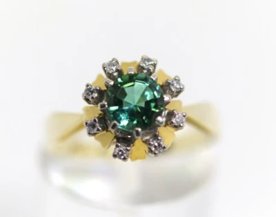 Gelbgold Damenring Solitär Turmalin Brillanten Kranz Blume Stern 585 14kt - Bild 1 von 4