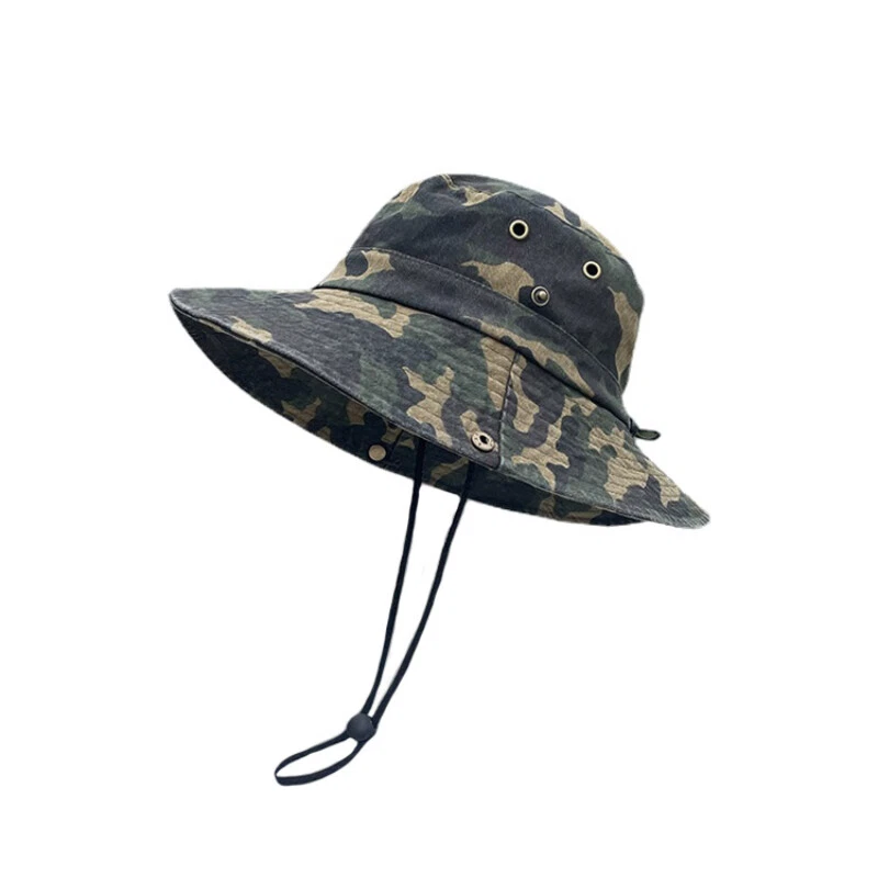 Men Camo Bucket Hat with String Wide Brim Fishing Hiking Sun Protection Cap