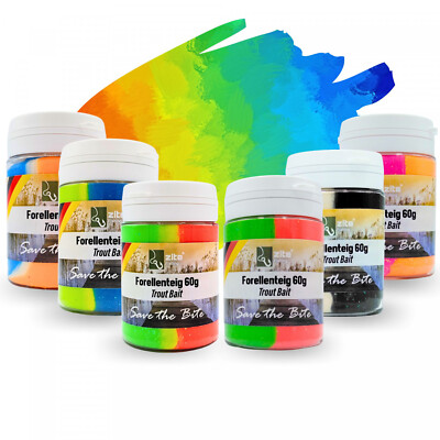 Forellenteig Trout Bait Set 6x60g Erbeere Lakritz Krabbe Knoblauch Zite Fishing
