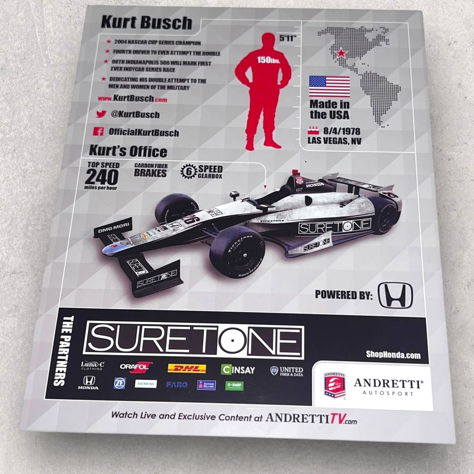 Foto autografiada de Kurt Busch NASCAR TONO SEGURO 2014 INDY 500 ANDRETTI AUTOSPORT Foto 2 de 2