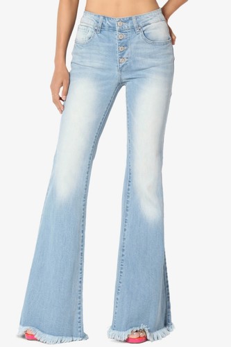 TheMogan Retro 70S Button Fly Mid Rise 5 Pocket Stretch Denim Fray Flare Jeans - Picture 3 of 20