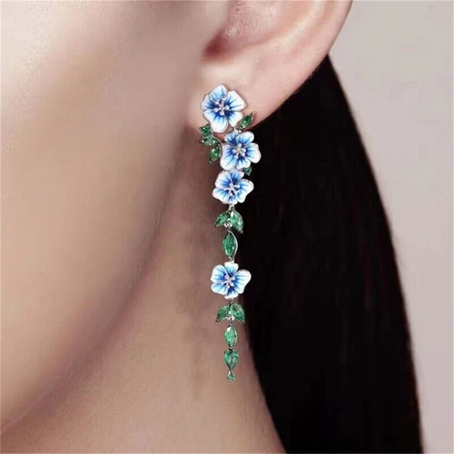 Long Blue Flower Drop Dangle Earrings Party Jewelry Gifts Women Girls - Picture 10 of 12