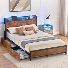 Full Size Bed Frame, LED Platform Bed Frame with 4 Drawers and Charging Station
