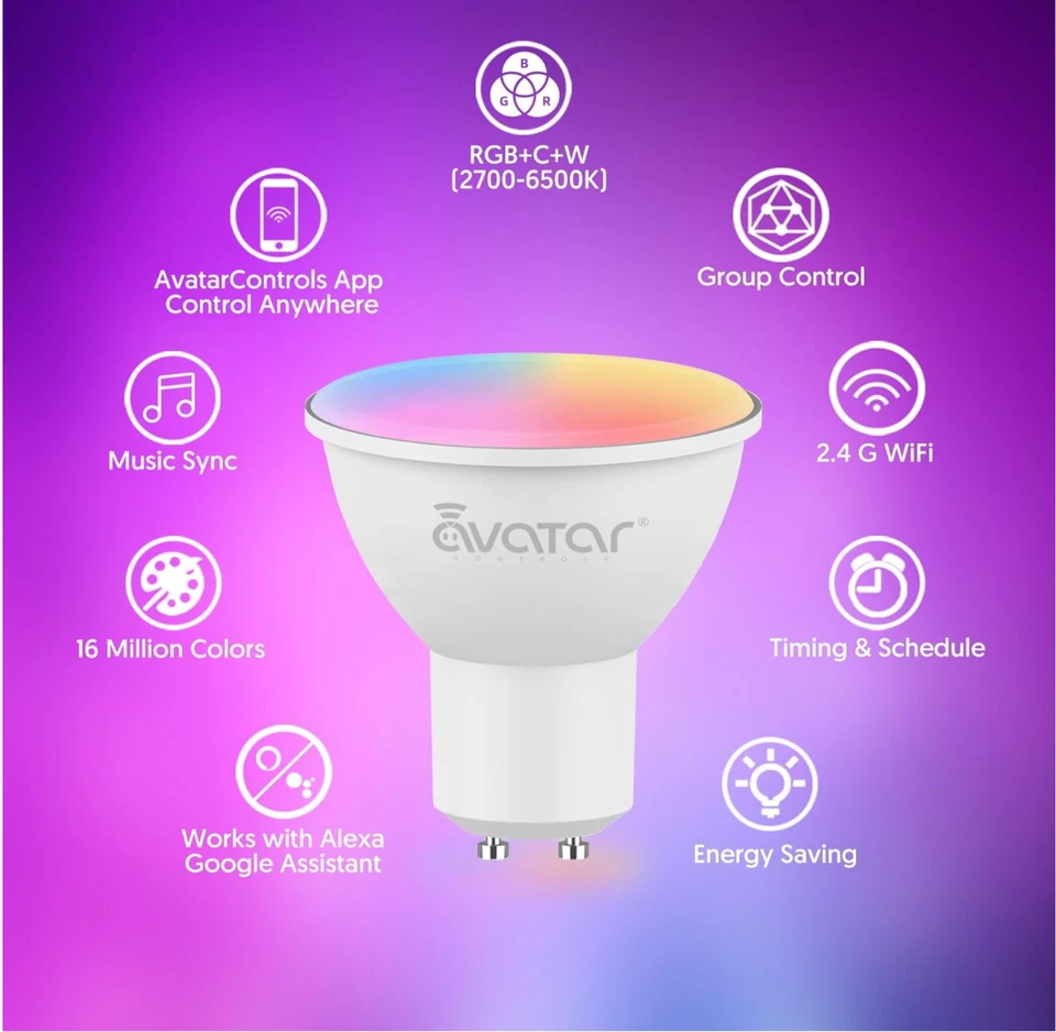 4 Pack GU10 Smart LED Bulb 5W(50W) RGBCW Color WiFi Voice & APP Alexa Google - Image 2 of 4