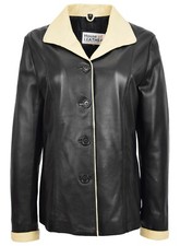 Womens Real Leather Classic Button Box Jacket Hip Length Amber Black Beige