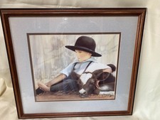 Nancy Noel “Mid-Morning” – Amish Boy with Sleeping Calf – Framed Signed Print 