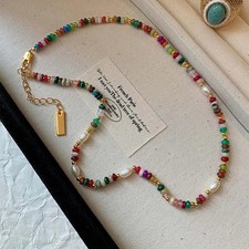 Colorful Beaded Necklace Freshwater Pearl Gold Chain Jewelry Women