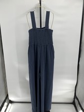 Quince Womens 100 Organic Cotton Gauze Smocked Wide Leg Jumpsuit Blue L