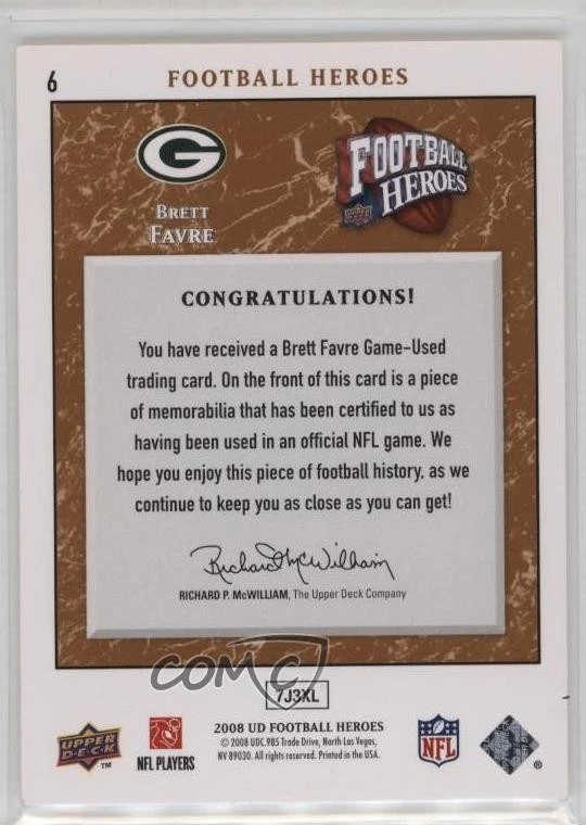 2008 Upper Deck Football Heroes Bronze Jerseys /75 Brett Favre #6 HOF - Image 2 of 2