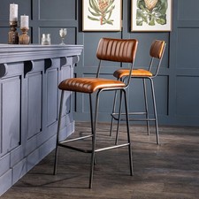 Diner Bar Stool Tan Real Leather Seat Grey Natural Metal Frame 75cm Pack of 2