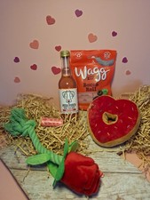 Valentines Dog Gift Hamper - Dog Wine, Red Heart, Red Rose Rope, Treats, 