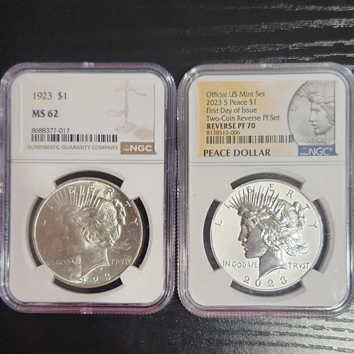Peace Dollar $1 1923 MS62 & 2023 S Reverse PF70 NGC First Day of Issue Set