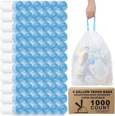 1000 Count 4 Gallon Small Trash Bags, 1.2 Mil Thick Heavy Duty Drawstring