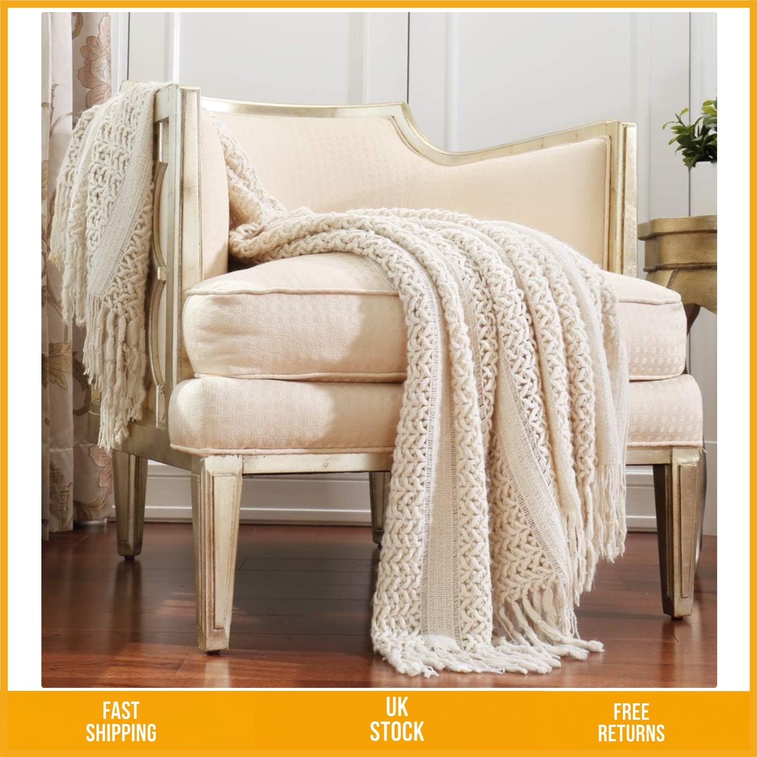 Elegant Farmhouse Knit Throw Blanket Cozy Soft Tassel Bed Sofa 127cm x 152cm