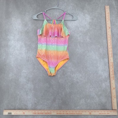 Limited Too Girls M 10-12 Rainbow Ruffle One-Piece Swimsuit -Pink, Orange, Green