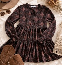 Maurices M Tiered Mini Dress Dark Floral Paisley Boho Cottagecore Prairie Peasan