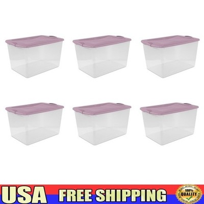 Storage Bin 66 Qt Clear Plastic Storage Container w/ Latch Lid Purple Pack of 6