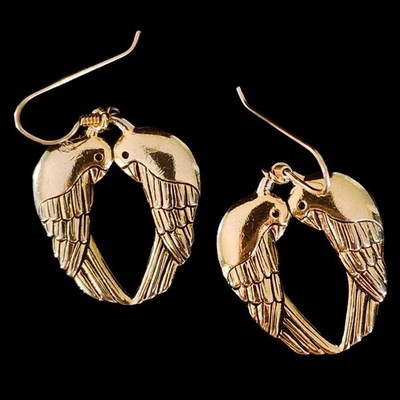Vintage Laurel Burch Song Sparrows Kissing Birds Gold Dangle Earrings