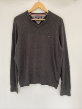 Tommy Hilfiger Mens V Neck Jumper Large Grey Pima Cotton Cashmere Small Logo
