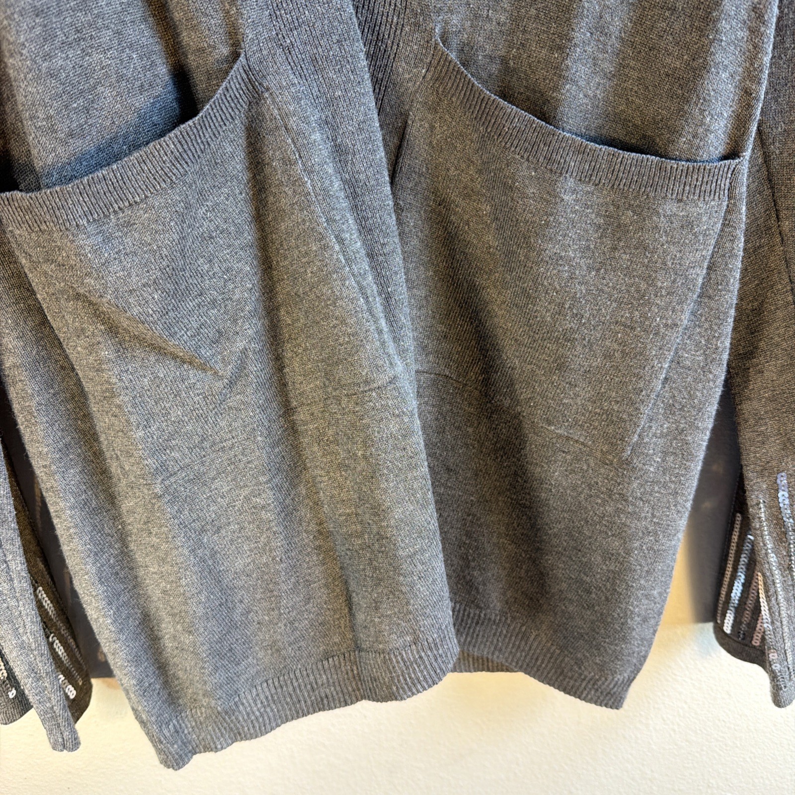 Love Forever Gray Open Front Cardigan Sequin Cuffs Pockets Sweater Size XL image 6