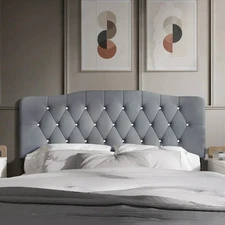 Upholstered Queen Size Headboard Only Gray Adjustable Hgt Diamond Button Tufted