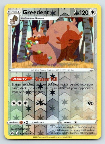 Pokemon Greedent Chilling Reign CRE REVERSE HOLO R 128/198 NM