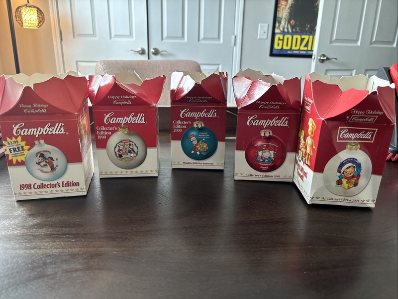 5 Campbell’s Collector’s Edition Christmas Ornaments with Boxes