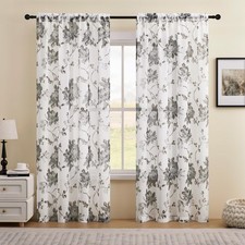 Grey Floral Curtains 90 Inches Long 2 Panels for Living Room Bedroom Rod Pock...