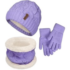3 Pcs Kids Winter Beanie Hat Scarf Gloves Set Thick Knit Warm White Purple