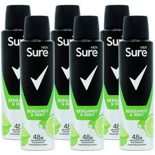 6 x Sure Men Bergamot & Mint A/P Deodorant Spray Long Lasting Fresh 150ml