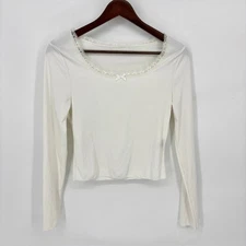 Romwe White Ribbed Lace Trim Square Neck Long Sleeve Crop Top Women Size M