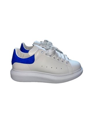 Alexander McQueen White Blue Croc-Embossed Heel Leather Unisex Lace Up Sneakers