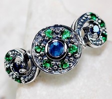 Treated Sapphire  Emerald 925 Sterling Silver Art Deco Ring Sz 6,8 US6
