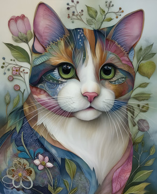 8x10 Cat With Blue Jacket & Flowers Art Print Wall Decor - 726813696