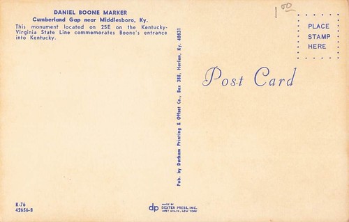 Postcard Middlesboro, Kentucky: Daniel Boone Marker, Cumberland Gap - Picture 2 of 3