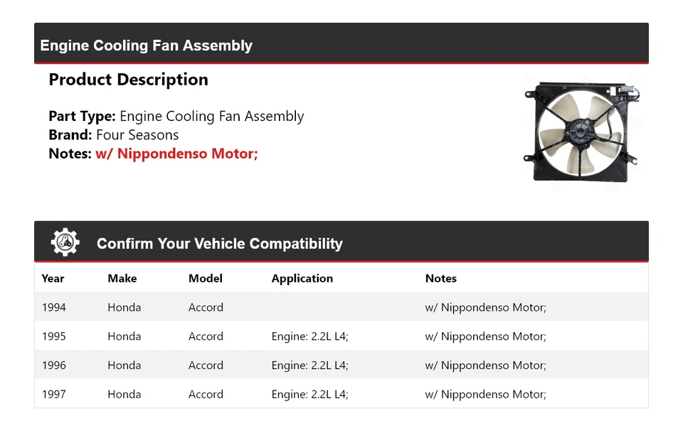 Conjunto de ventilador de refrigeración del motor Honda Accord 1994-1997 4 estaciones 1995 1996 Foto 2 de 4