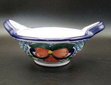 México Talavera Cerámica Floral Cuenco Firmado A. Cruz Azul Cobalto Naranja Plato Cuenco