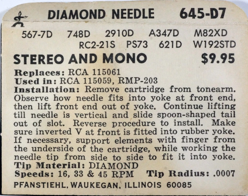 NOSPFANSTIEHL 645-D7 Diamond Needle for RCA 115061 115059 RMP-203 - Image 3 of 3
