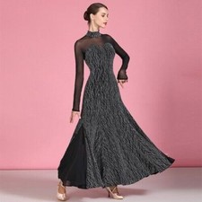 BallroomDance Dress Waltz Dress Rumba Back Perspective Splicing LongSleeve Dress