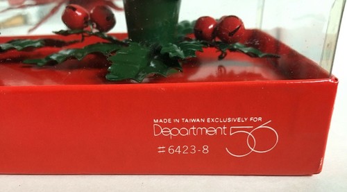 Vtg Dept 56 Taper Candle Holder Set Enameled Metal Poinsettia Holly Leaf Xmas - Picture 2 of 9
