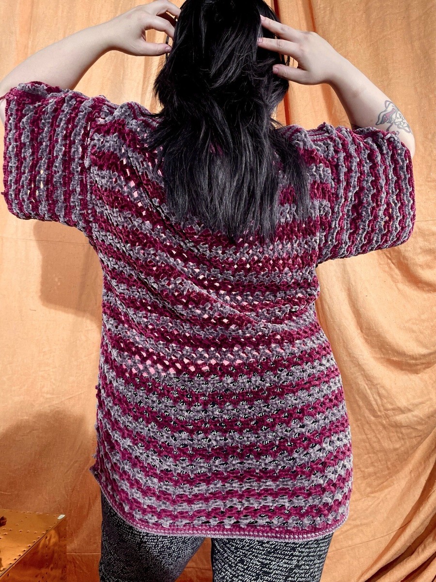 Handmade Purple & Grey Chunky Chain Link Crochet Chenille Striped 