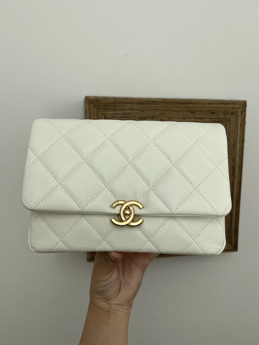 NEW CHANEL 22P White Caviar Quilted Small Chain Melody Flap w receipt