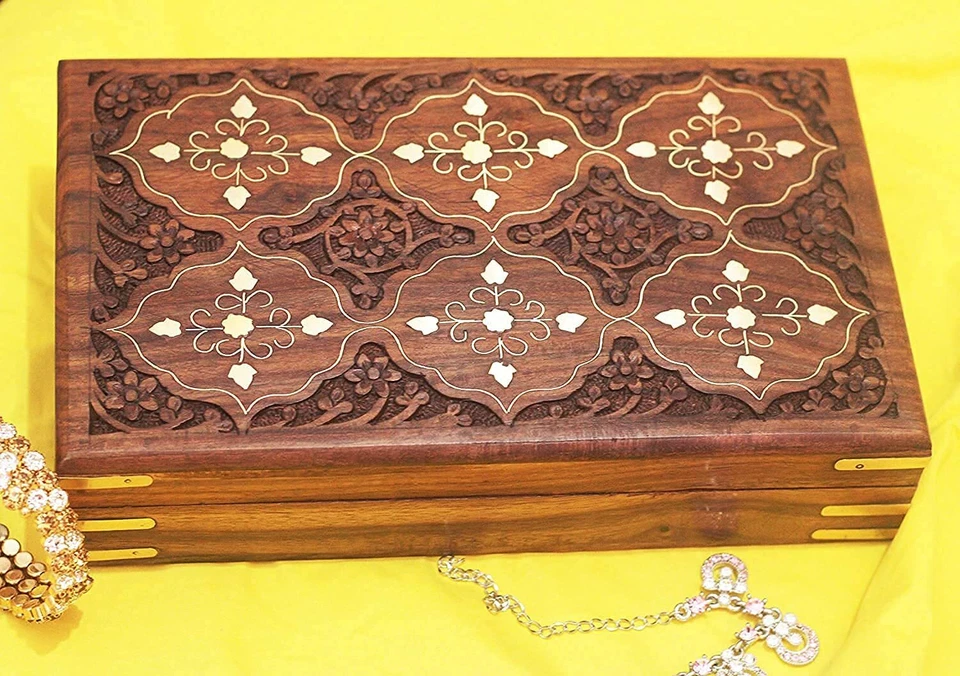 Fait à la Main Bois de Sheesham Rectangulaire Boîte Rangement Sculpté - Photo 2/4