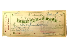 Antique 1919 Farmers' Bank & Trust Co Check Norris & Lockett Hibbard Spencer