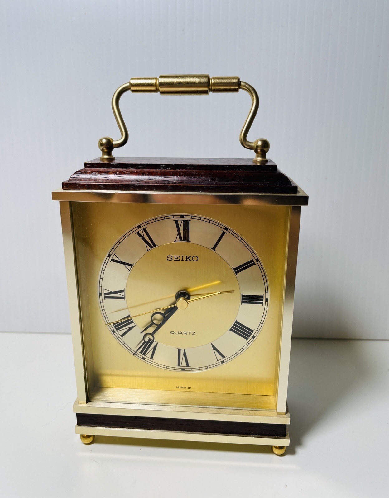 Vintage Seiko Quartz Wood & Brass Gold Tone Carriage Mantle Clock Japan QP 283G